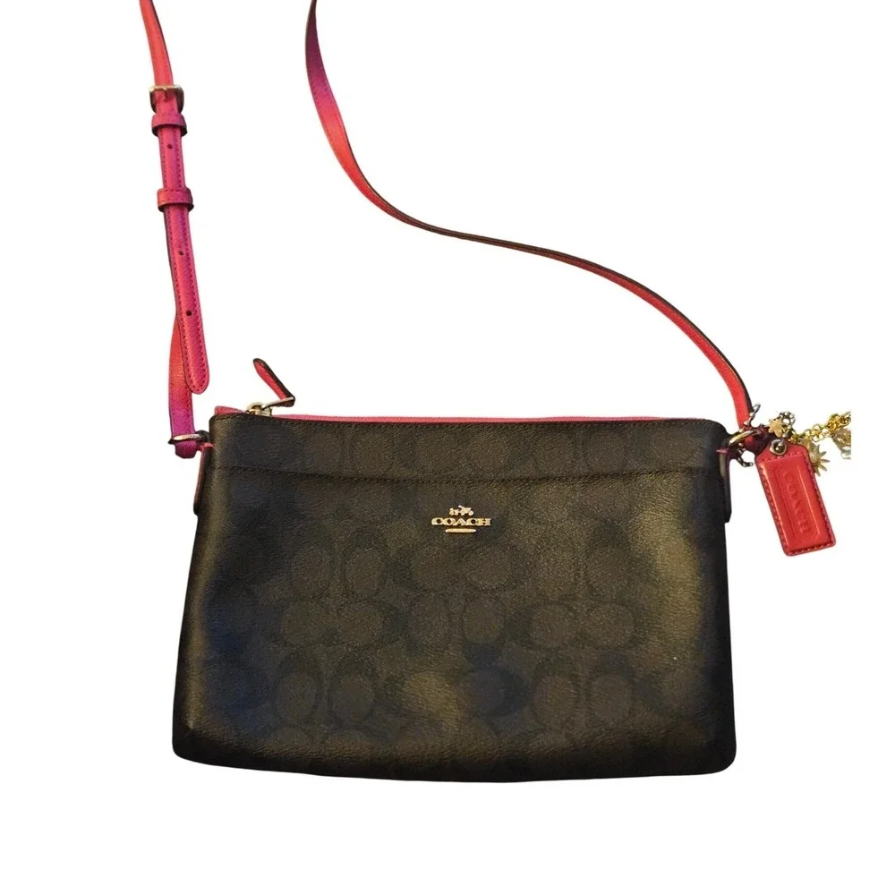 Coach Signature Monogram Crossbody‎ Bag Pink Leather Trim Gold Hardware Charms
